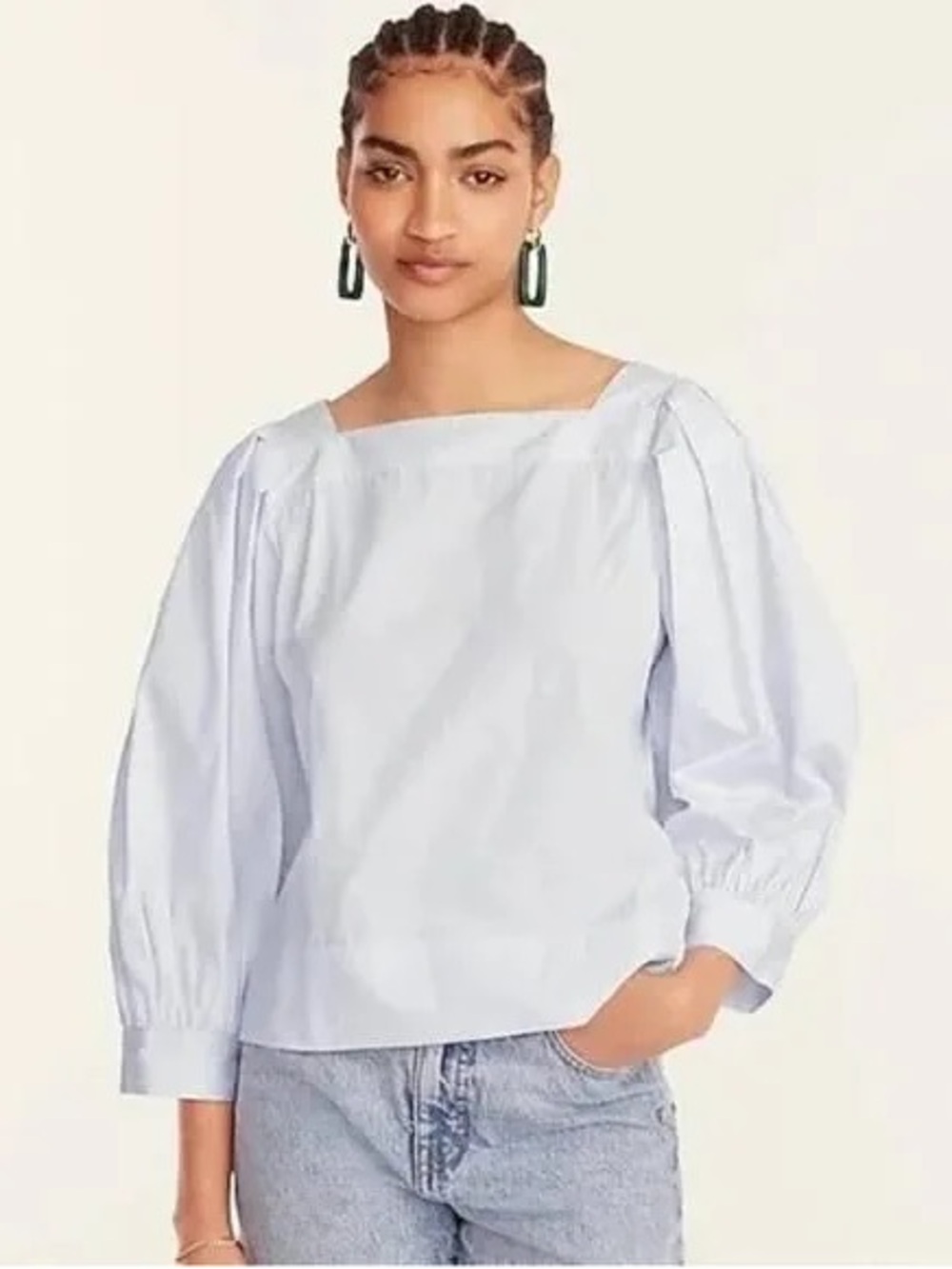 Thomas Mason for J. Crew Light Blue Striped Square-Neck Puff Sleeve Blouse Small